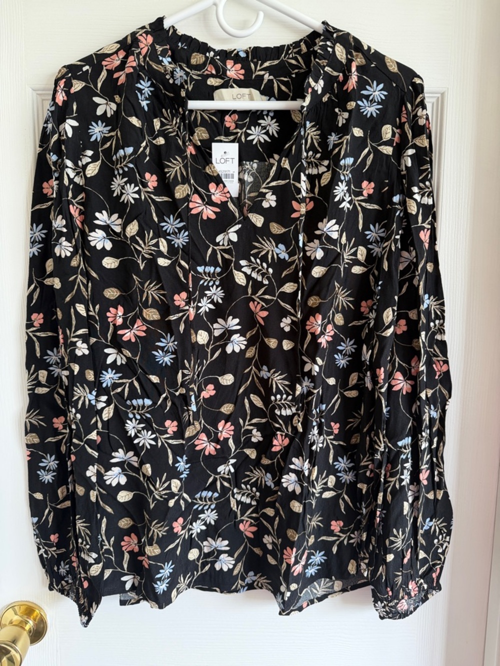 NWT LOFT Black Floral V-Neck Top with Pink and Cream Blooms